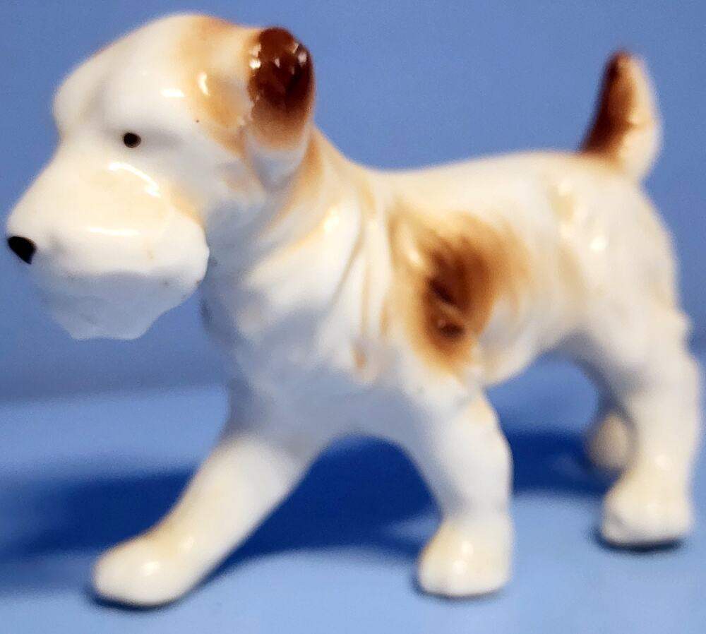 Japan Ceramic Terrier Dog Figurine 2 1/2” High White W/ Brown Spots Puppy VTG